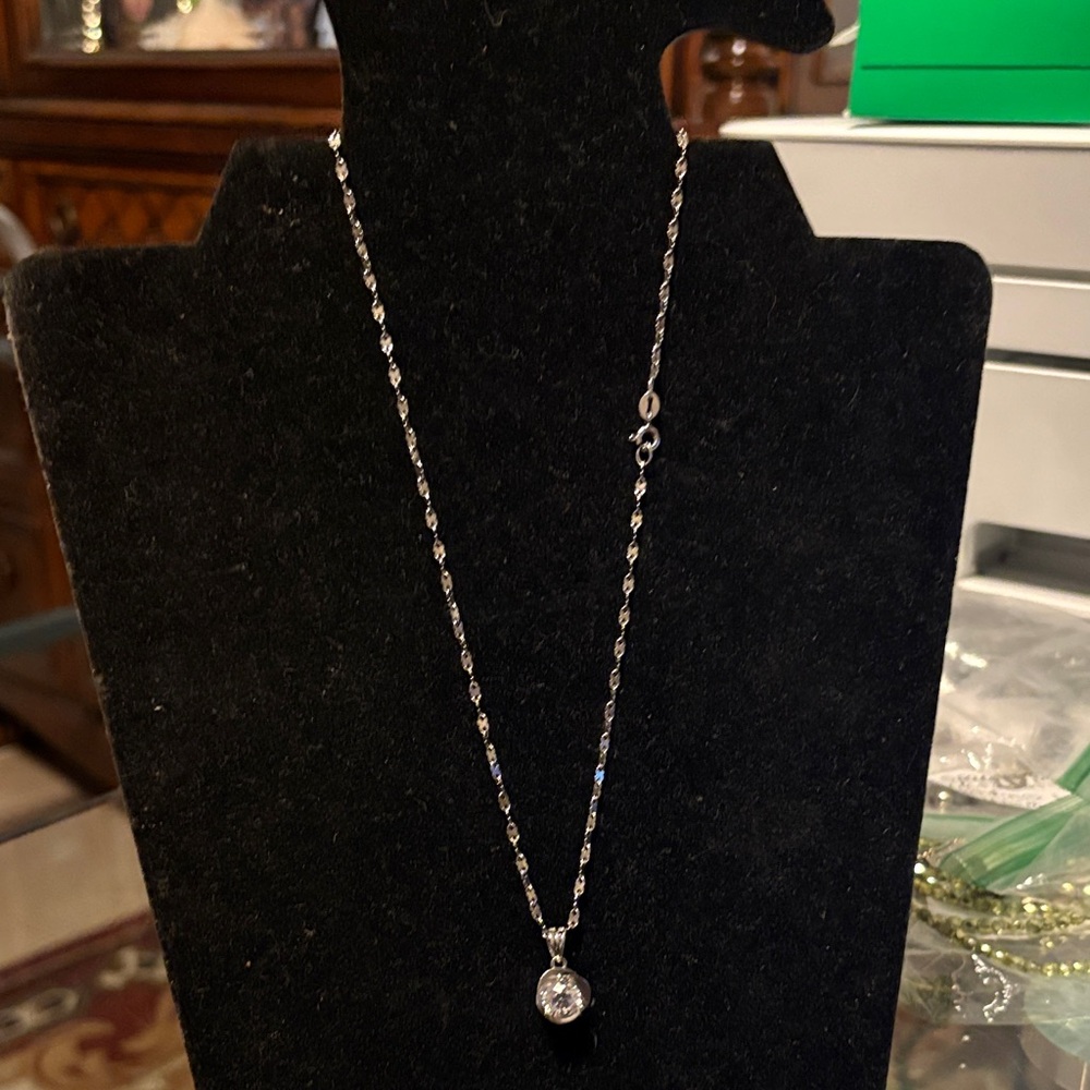 Elegant Silver Pendant Necklace CZ, 925, Sterling Silver on chain and pendant.